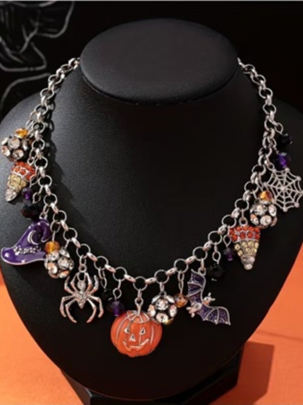 DESIGNER Goth Halloween Bat/Pumpkin/Spider/Wed/Witch Hat Charm Chain Necklace